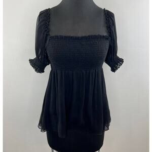 Susana Monaco Black Silk Chiffon Smocked Square Neck Slit Sleeve A-Line Blouse 6